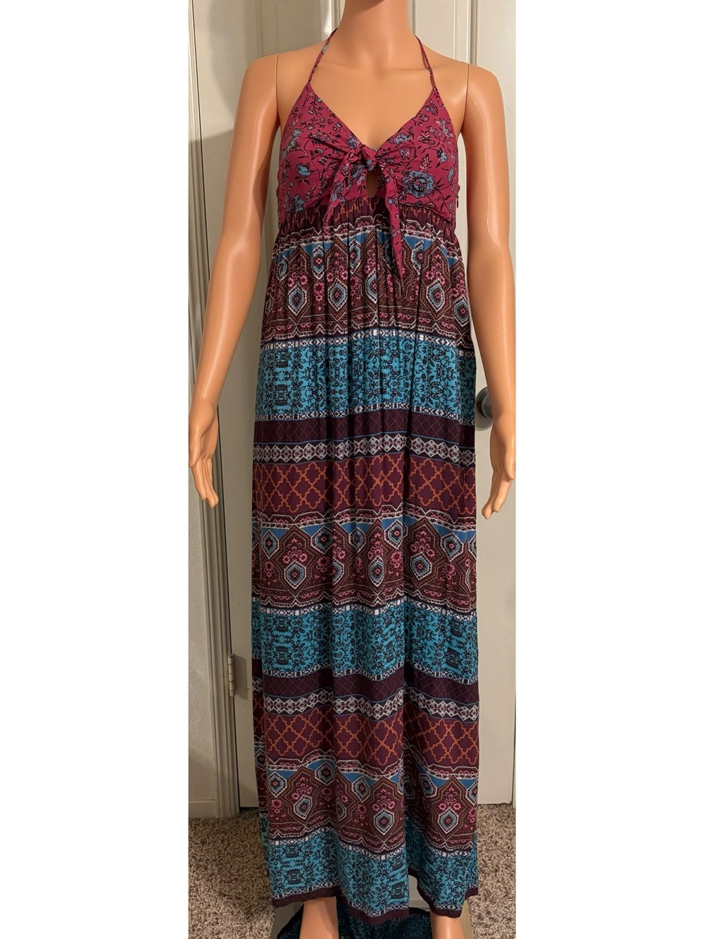 Forever 21 Burgundy and Teal Halter Tie-Front Maxi Dress
